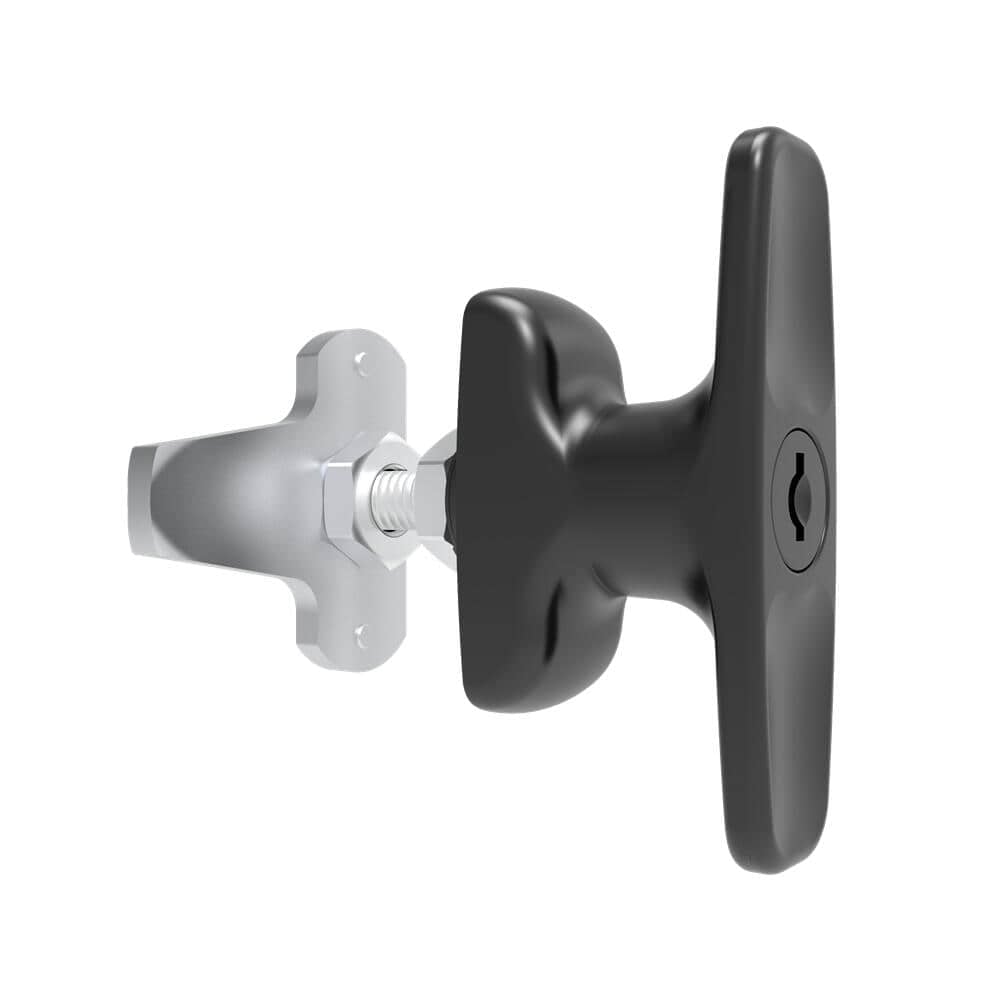 B-1108-10-40 | Cam latch t-handle, clockwise rotation latch/lock, short cam, zinc die, powder coated, black